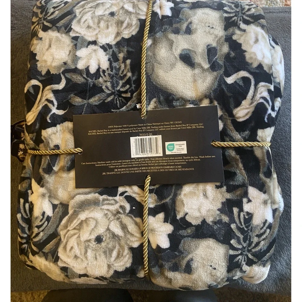Rachel Rachel Roy Skull Floral Plush Blanket 90x90 Full Queen Gothic Halloween
